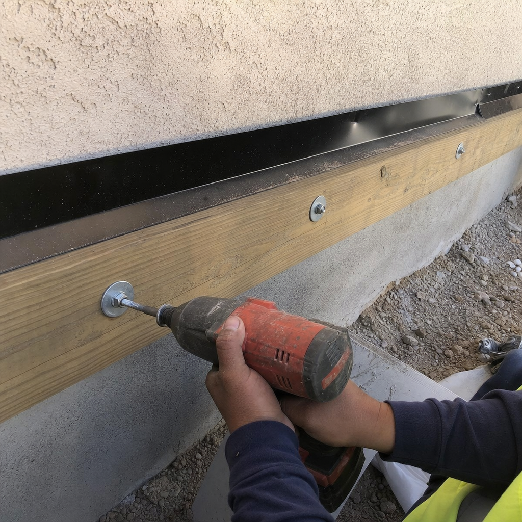 Contractor installing deck beam with power drill and bolt