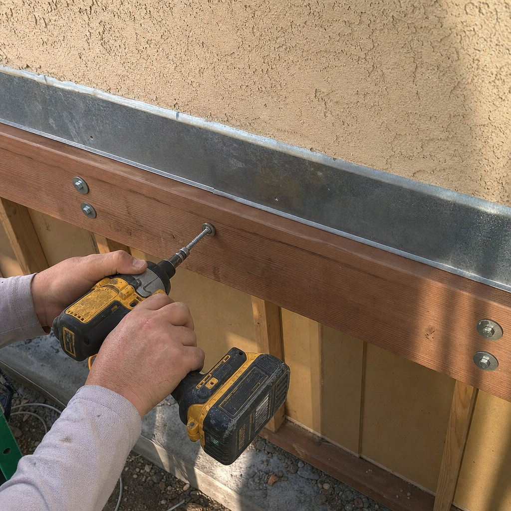 Contractor installs outdoor structure beam with a power drill