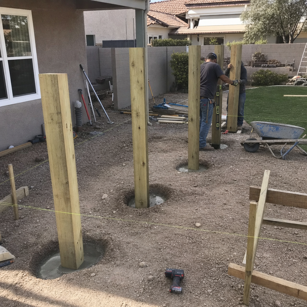 Contractors install deck posts in concrete footings in a backyard construction site.
