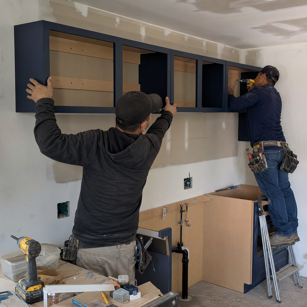 Contractors install kitchen cabinets during remodel