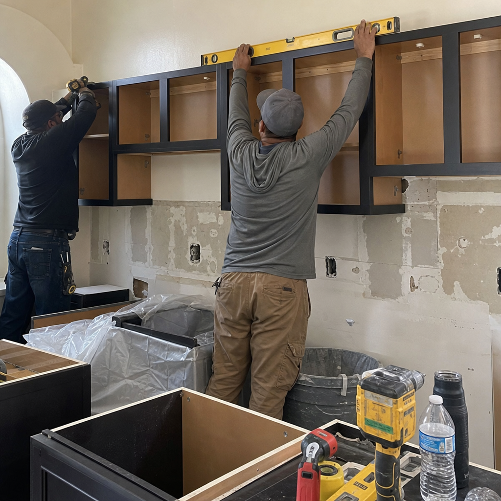 Contractors installing kitchen cabinets with a level