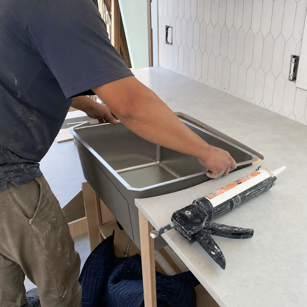 Contractor installs kitchen sink during remodeling project