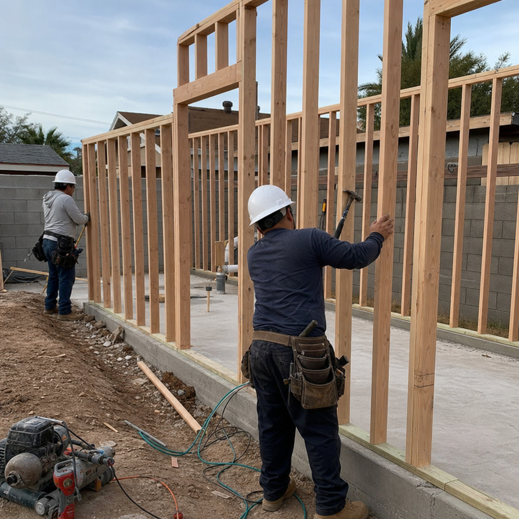 General contractor framing room addition with wooden studs