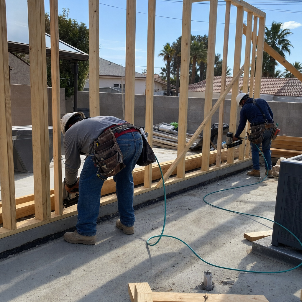 General contractors frame a room addition with nail guns.