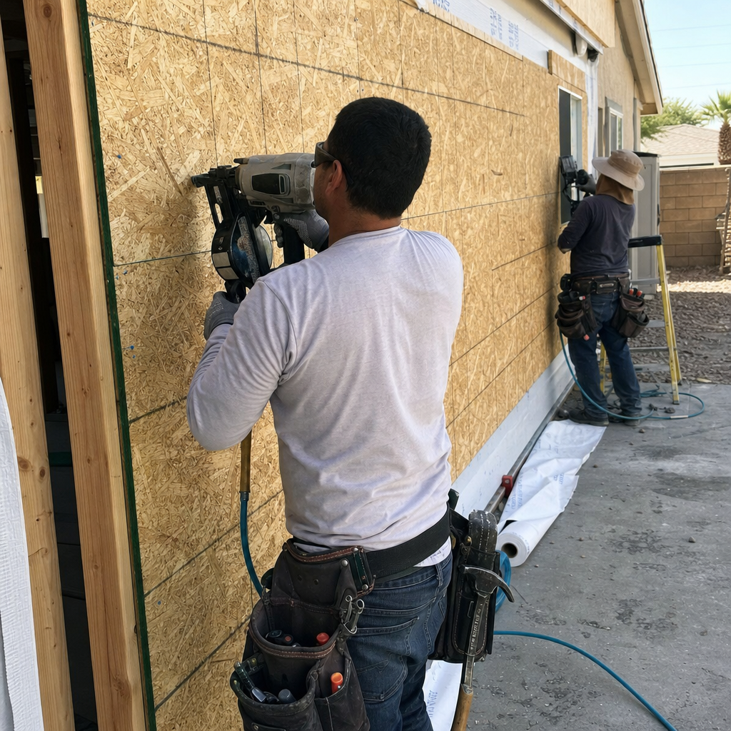 Contractor installing siding on exterior wall with nail gun