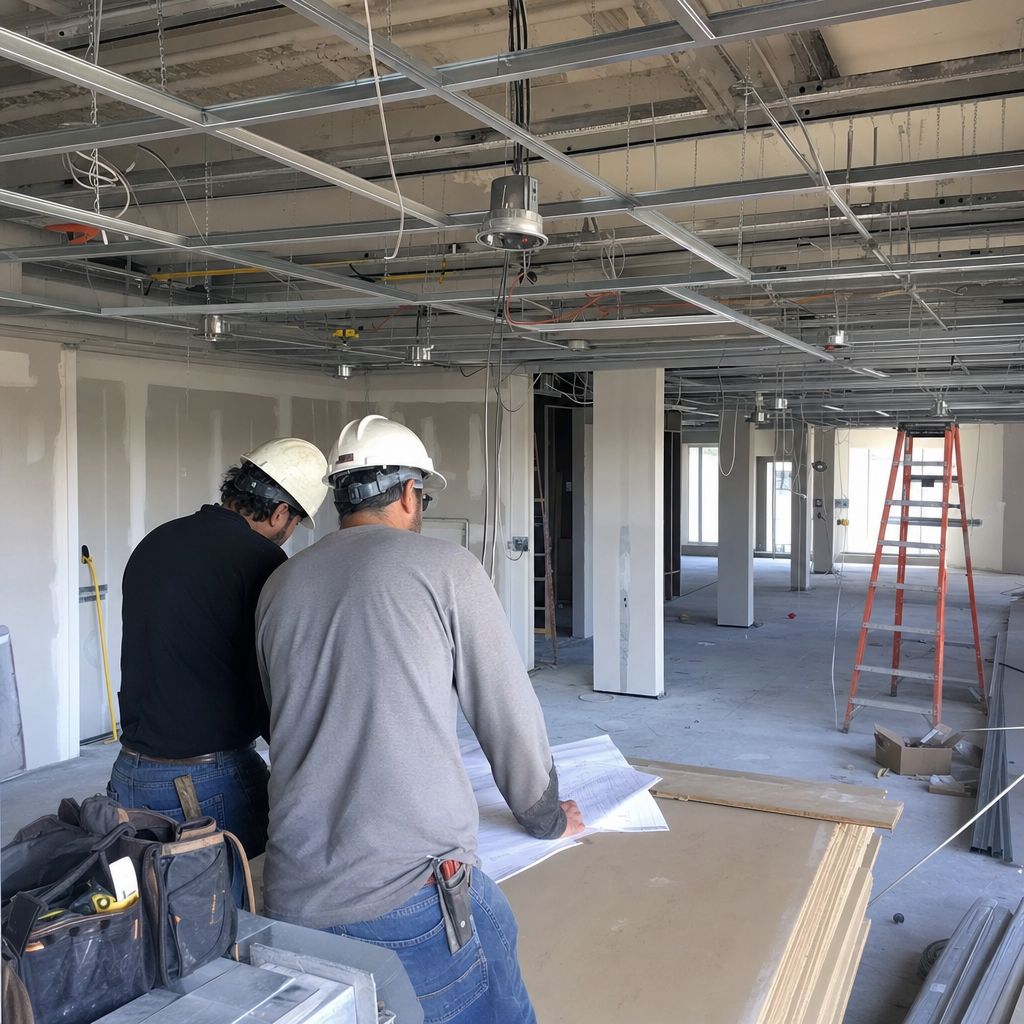 Contractors reviewing blueprints during commercial tenant improvement construction project. in Summerlin South, NV
