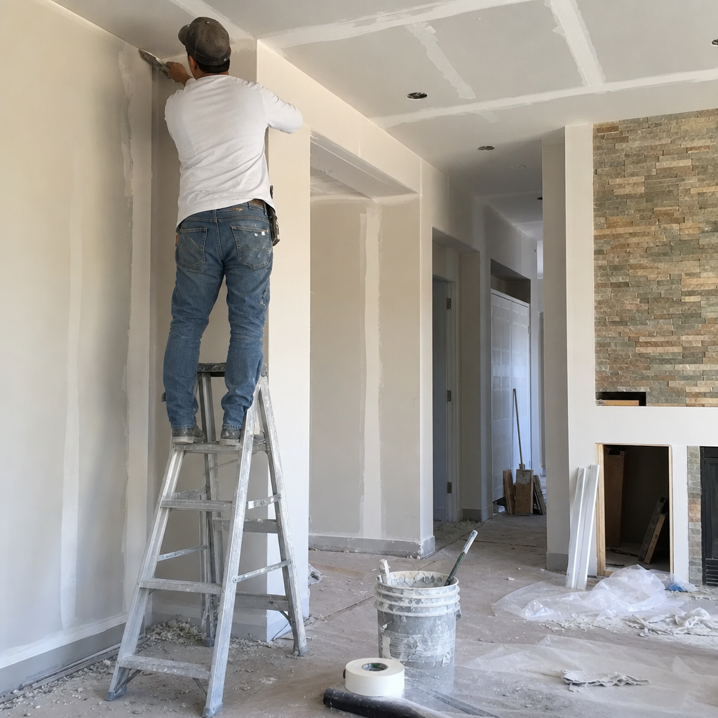 Contractor applies joint compound to ceiling corner during home renovation in Summerlin South, NV